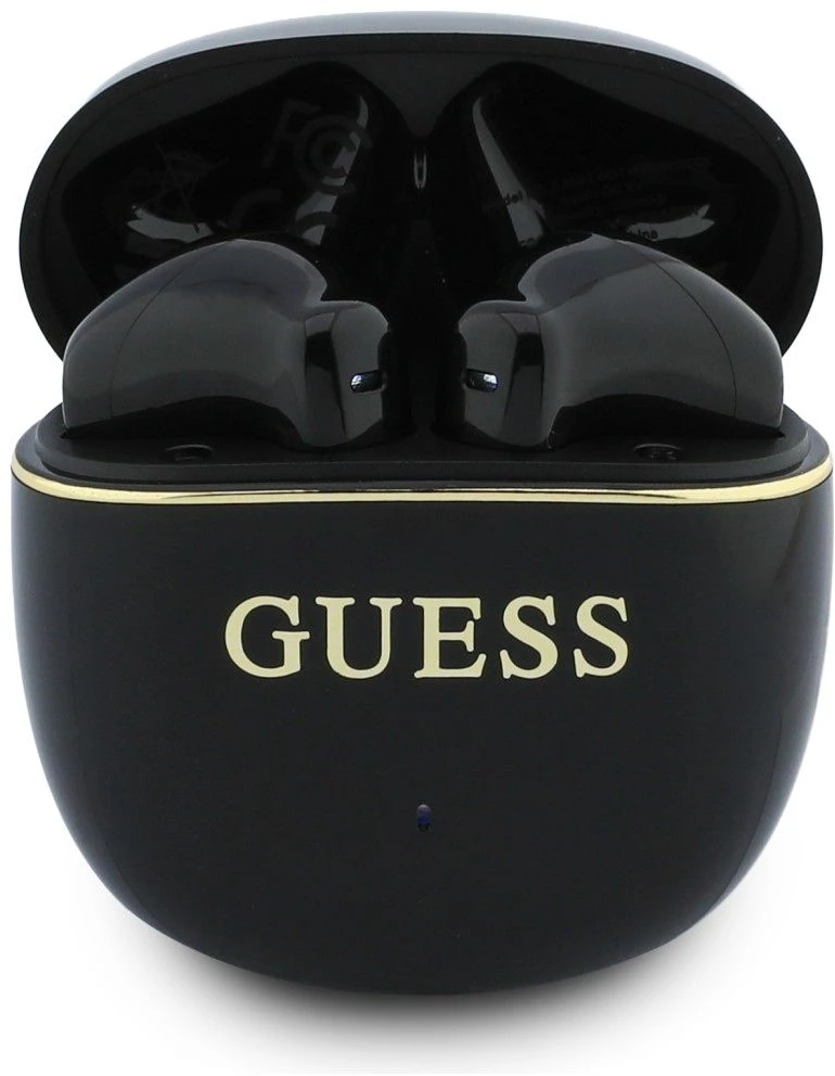 Guess Auksinė Line Glossy Classic Logo TWS belaidės ausinės juodos spalvos