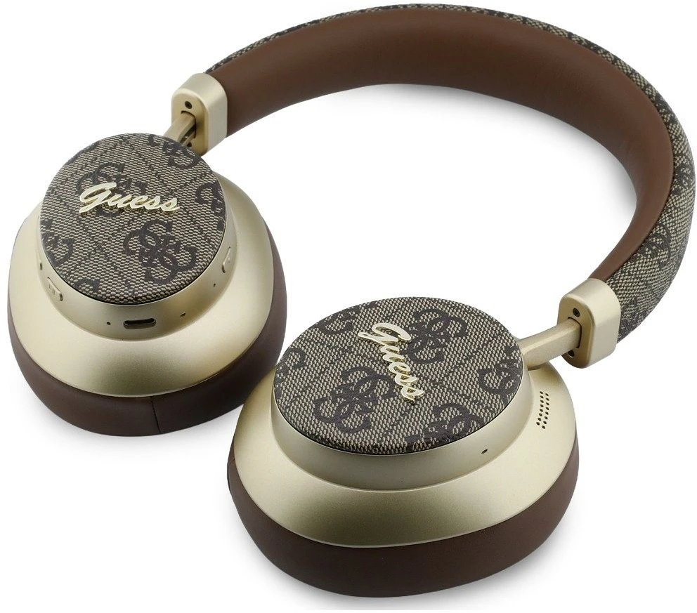 Ant ausų uždedamos ausinės Guess Bluetooth ENC 4G Auksinė Script Metal rudos spalvos
