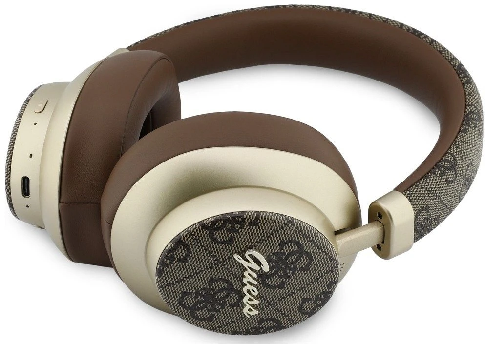 Ant ausų uždedamos ausinės Guess Bluetooth ENC 4G Auksinė Script Metal rudos spalvos