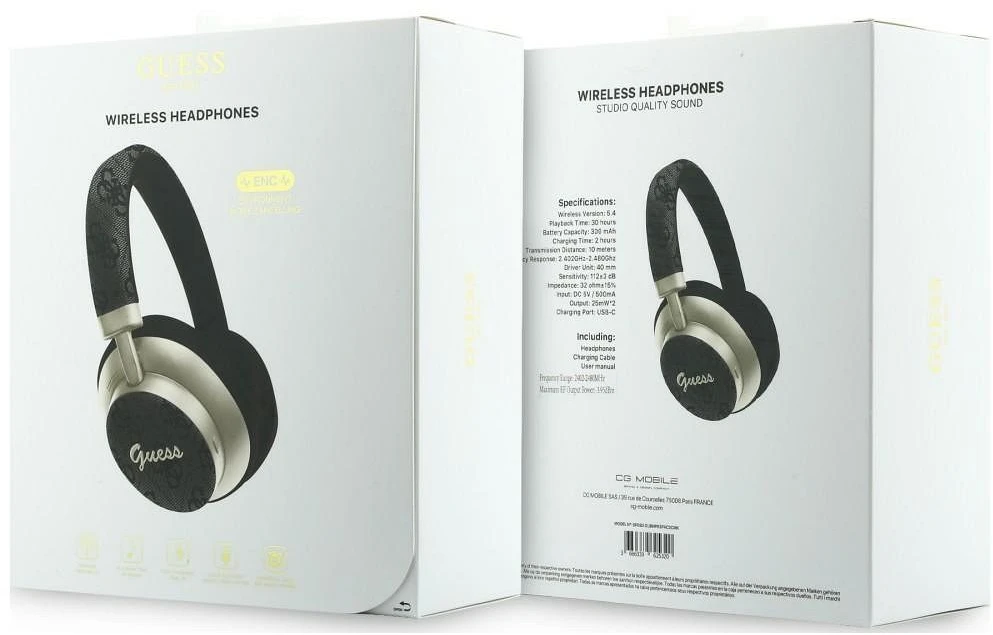 Ant ausų uždedamos ausinės Guess Bluetooth ENC 4G Auksinė Script Metal juodos spalvos