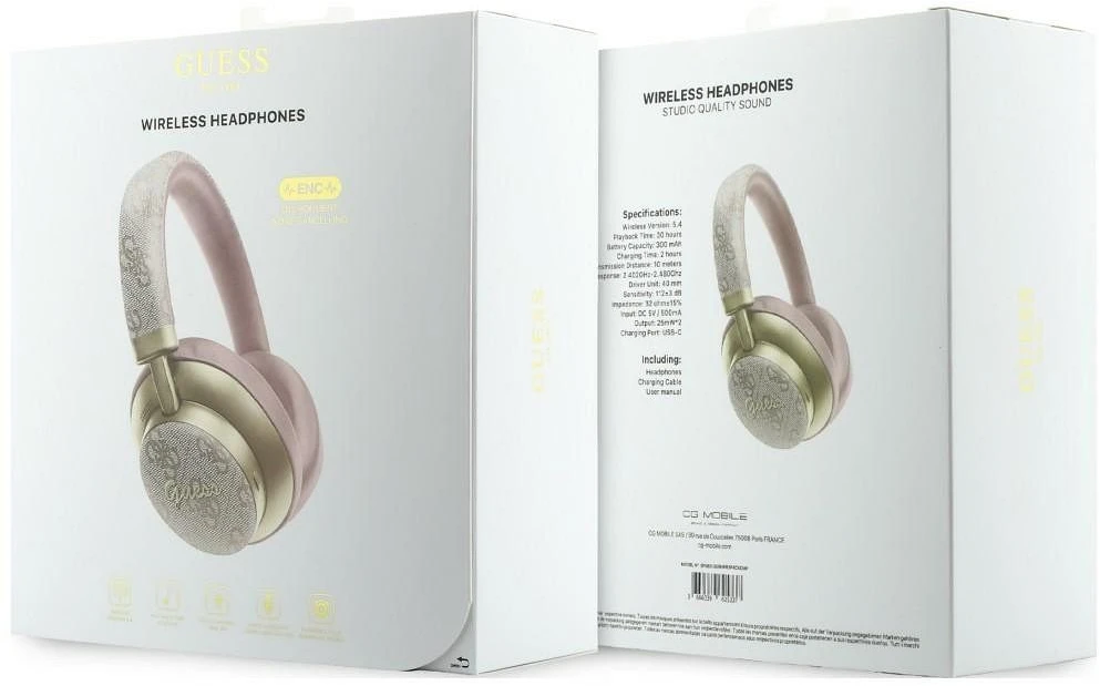 Ant ausų uždedamos ausinės Guess Bluetooth ENC 4G Auksinė Script Metal rožinės spalvos