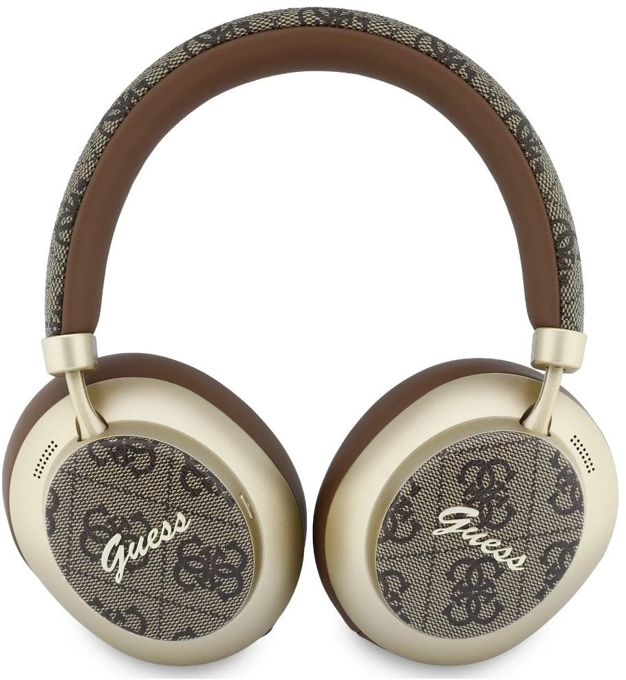 Ant ausų uždedamos ausinės Guess Bluetooth ENC 4G Auksinė Script Metal rudos spalvos