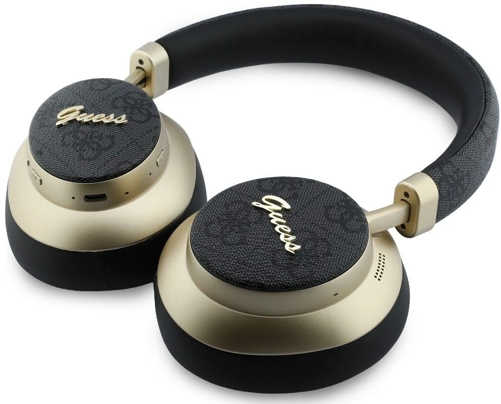 Ant ausų uždedamos ausinės Guess Bluetooth ENC 4G Auksinė Script Metal juodos spalvos