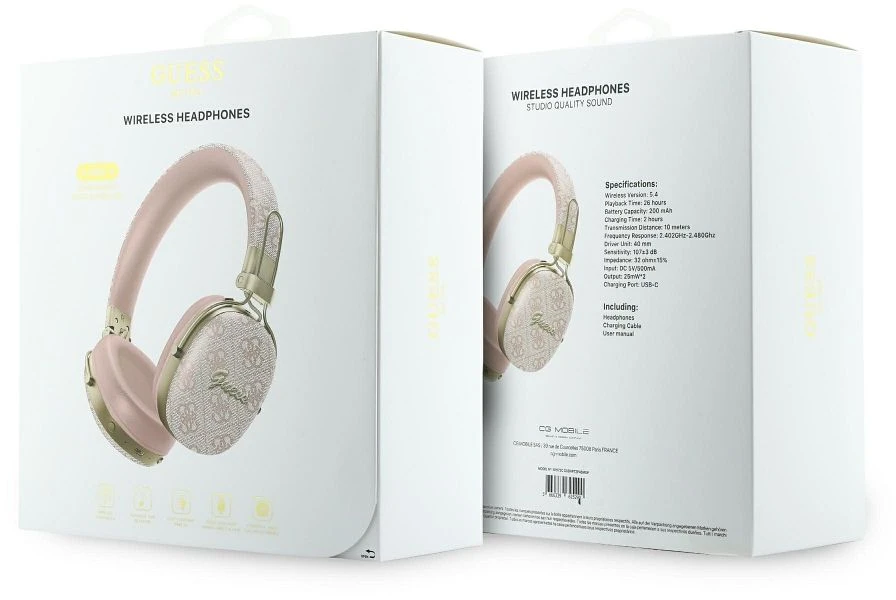 Ausinės Guess Bluetooth ENC Metal 4G Script Logo rožinės spalvos