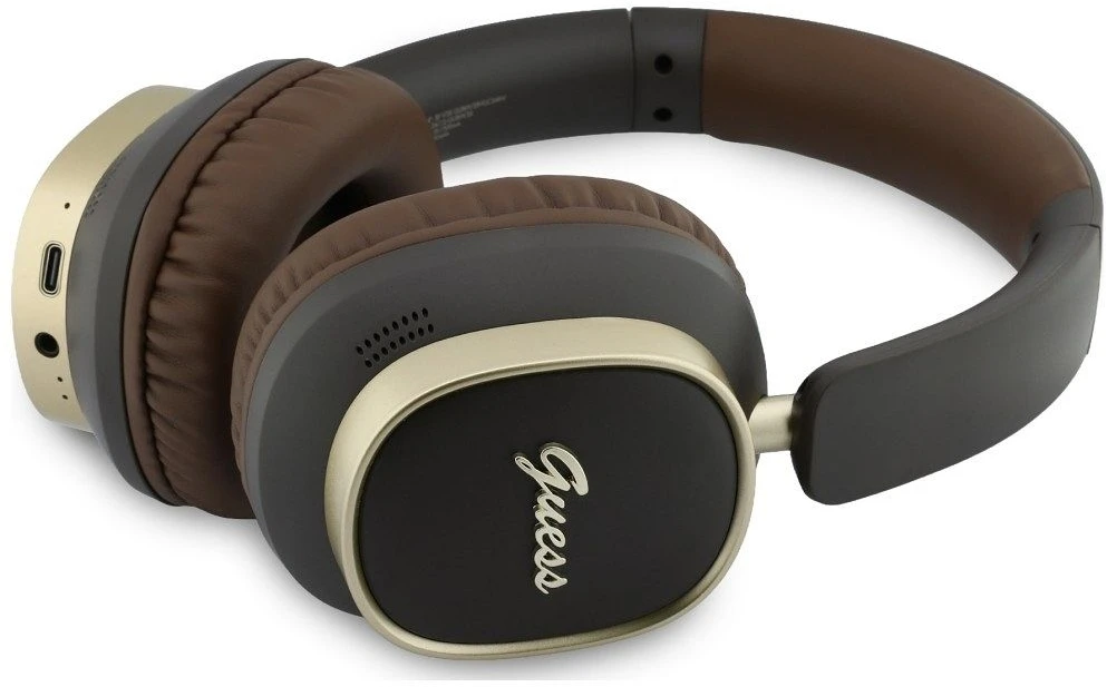 Ausinės Guess Bluetooth ENC Rectangle Metal Script rudos spalvos