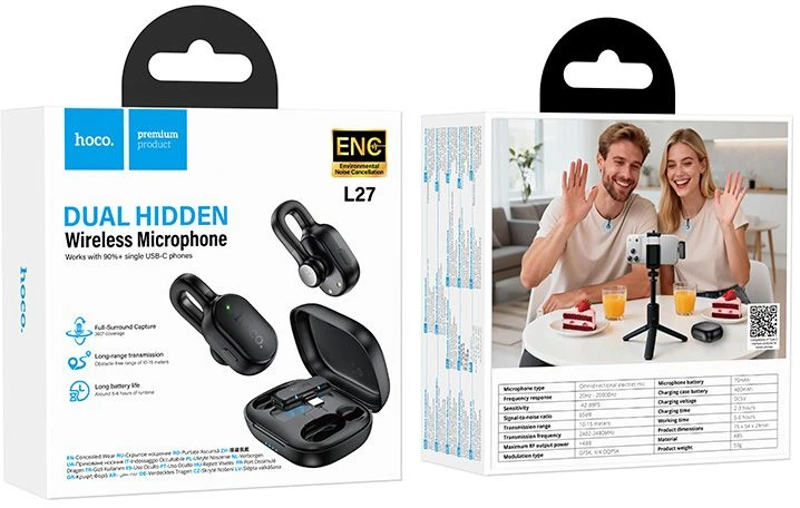 Wireless lavalier microphone USB C Hoco L27 juodas