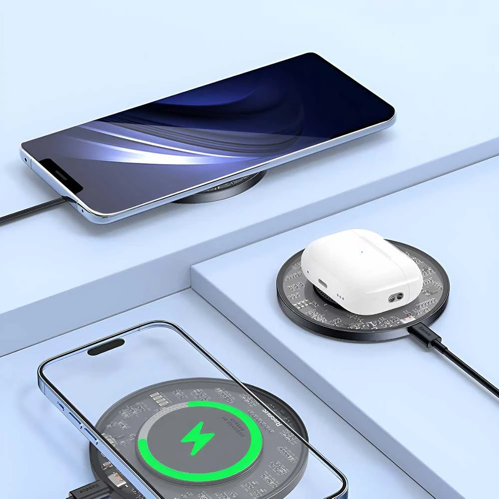Belaidis Qi indukcinis įkroviklis Baseus Simple 2, 15 W su USB-C į USB-C laidu (juodas)