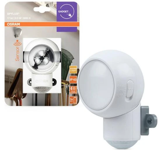 Osram 0,3W LED sieninis šviestuvas SPYLUX, baltas, 3000K, su baterija ir judesio davikliu, IP43