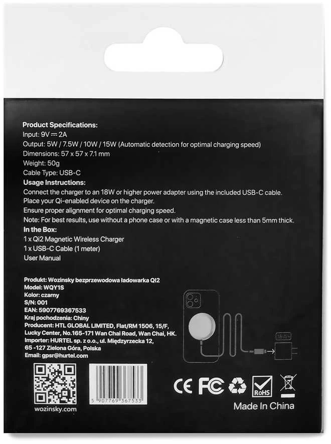 Wozinsky 15W Wireless Qi2 belaidis įkroviklis – juodos spalvos
