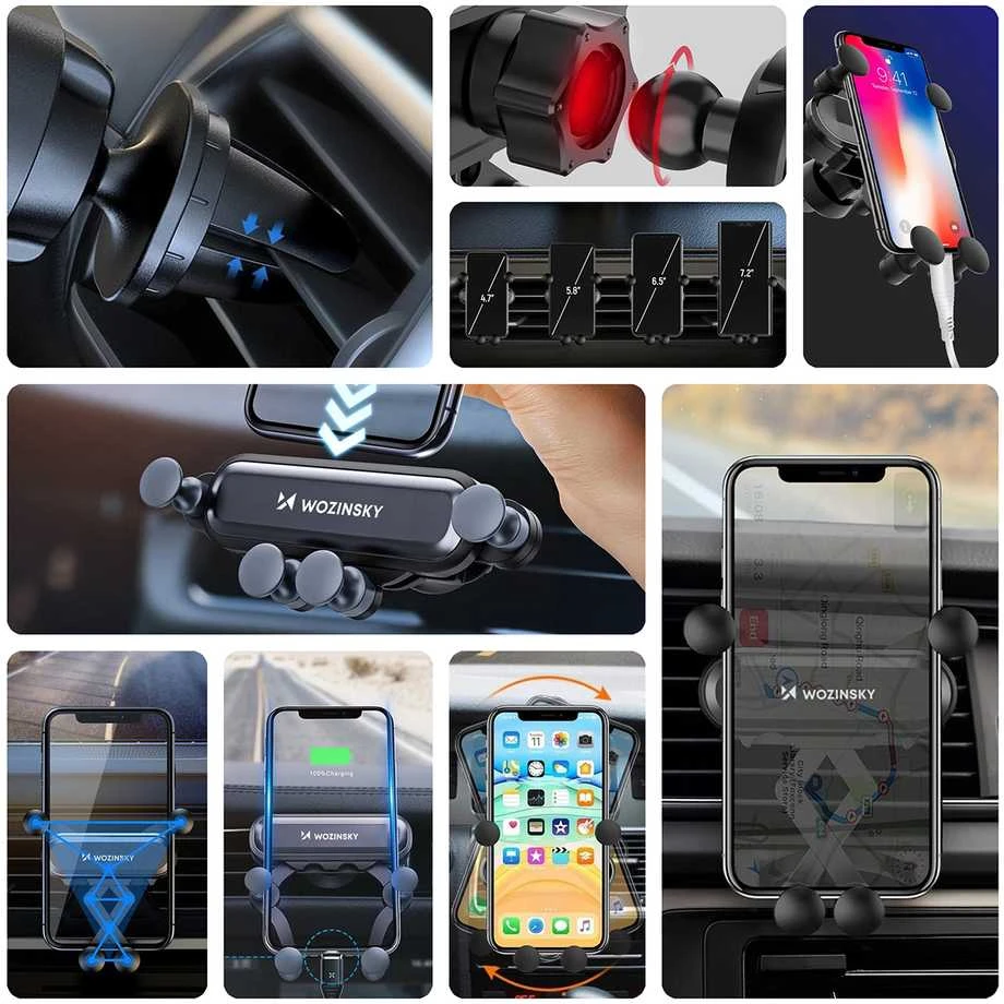 Wozinsky car phone holder gravity for ventilation grille juodos spalvos (WCH-05)