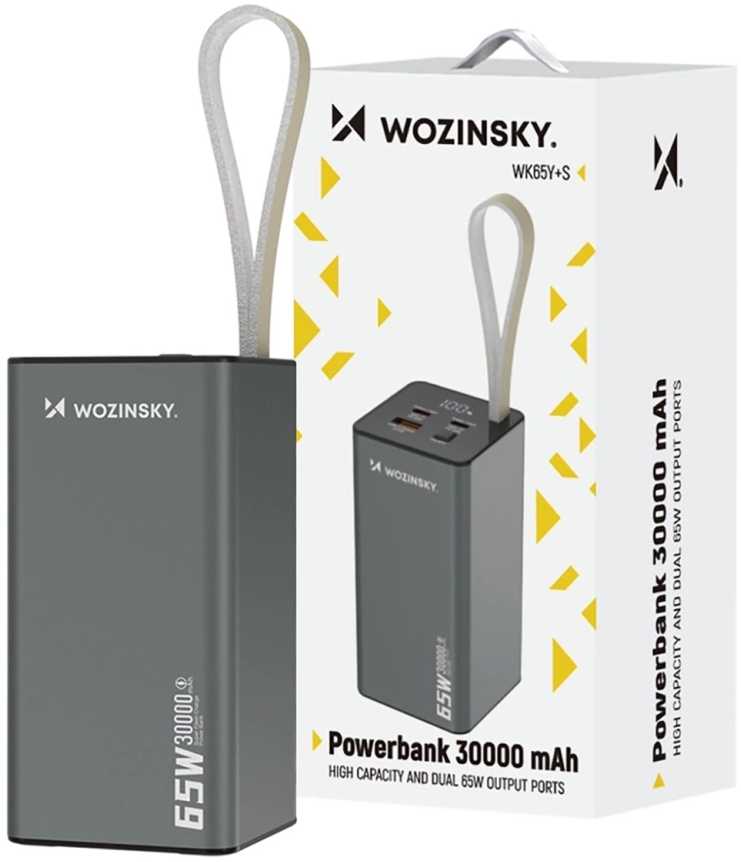 Powerbank Wozinsky K65+ 65W 30000mAh 2x USB-C, 1x USB-A 65W – pilka