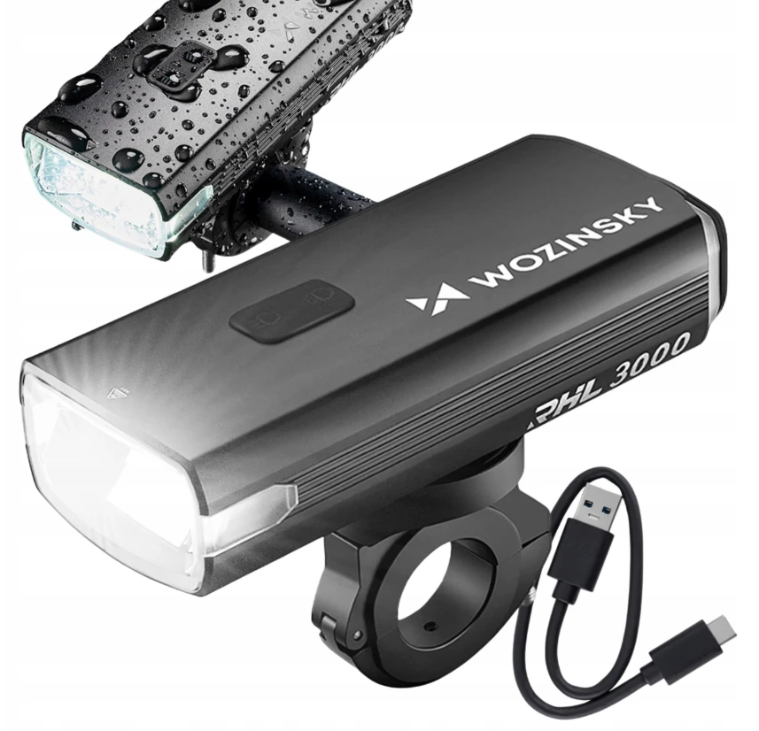 Wozinsky priekinis dviračio žibintas + USB-C kabelis (3000 lm) – juodos spalvos