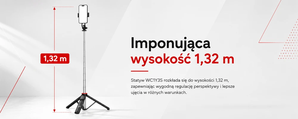 Wozinsky Asmenukių lazda WC1Y3S telescopic tripod 1.3m with phone holder – juodos spalvos
