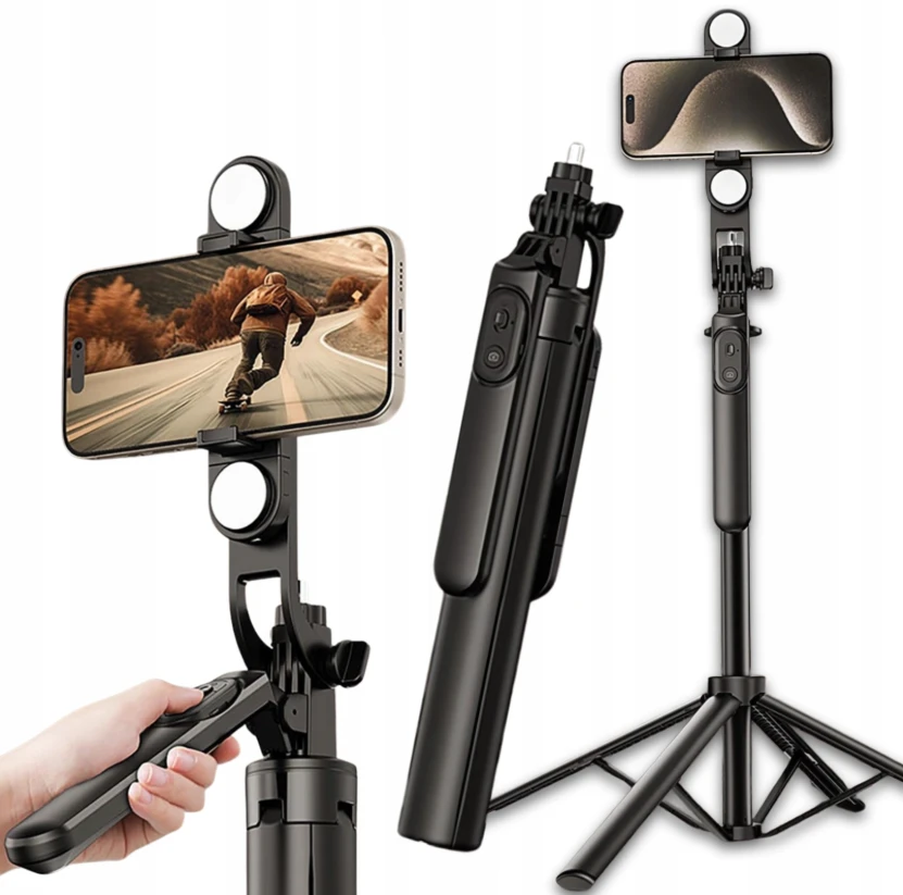 Wozinsky Asmenukių lazda WH181D-Y1S 1.75m aluminum alloy telescopic tripod with dual lamp and phone holder – juodos spalvos