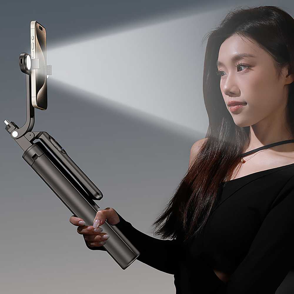 Wozinsky Asmenukių lazda WH181D-Y1S 1.75m aluminum alloy telescopic tripod with dual lamp and phone holder – juodos spalvos