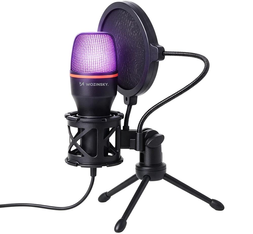 Wozinsky studijinis žaidimų USB kompiuterio mikrofonas su RGB stovu - Juodas