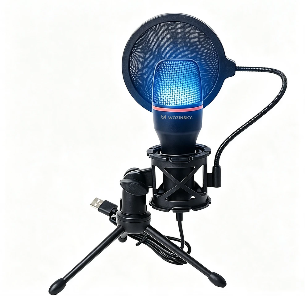 Wozinsky studijinis žaidimų USB kompiuterio mikrofonas su RGB stovu - Juodas
