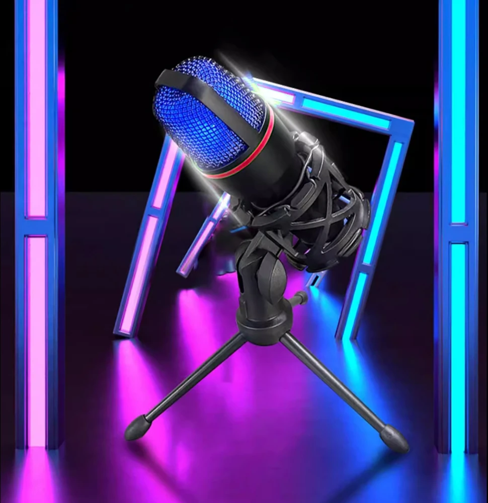 Wozinsky studijinis žaidimų USB kompiuterio mikrofonas su RGB stovu - Juodas