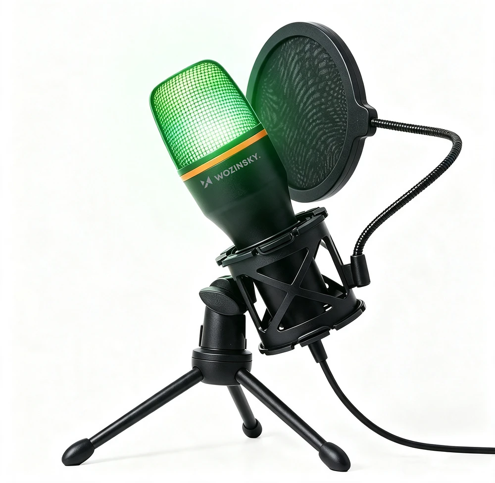Wozinsky studijinis žaidimų USB kompiuterio mikrofonas su RGB stovu - Juodas
