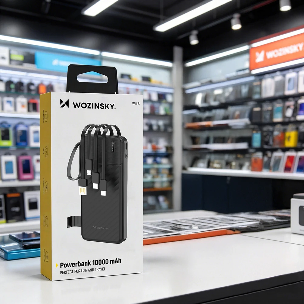 Wozinsky W11-B 10000mAh 10W išorinė baterija su įmontuotais laidais ir žibintuvėliu - Juodas