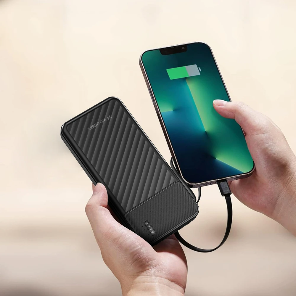 Wozinsky W11-B 10000mAh 10W išorinė baterija su įmontuotais laidais ir žibintuvėliu - Juodas