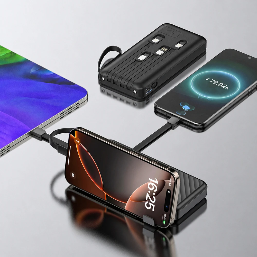 Wozinsky W11-B 10000mAh 10W išorinė baterija su įmontuotais laidais ir žibintuvėliu - Juodas