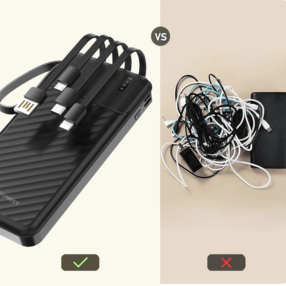 Wozinsky W11-B 10000mAh 10W išorinė baterija su įmontuotais laidais ir žibintuvėliu - Juodas