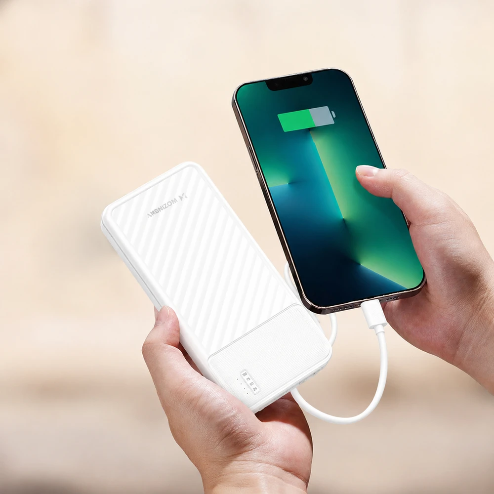 Wozinsky W11-W 10000mAh 10W išorinė baterija su įmontuotais laidais ir žibintuvėliu - Baltas