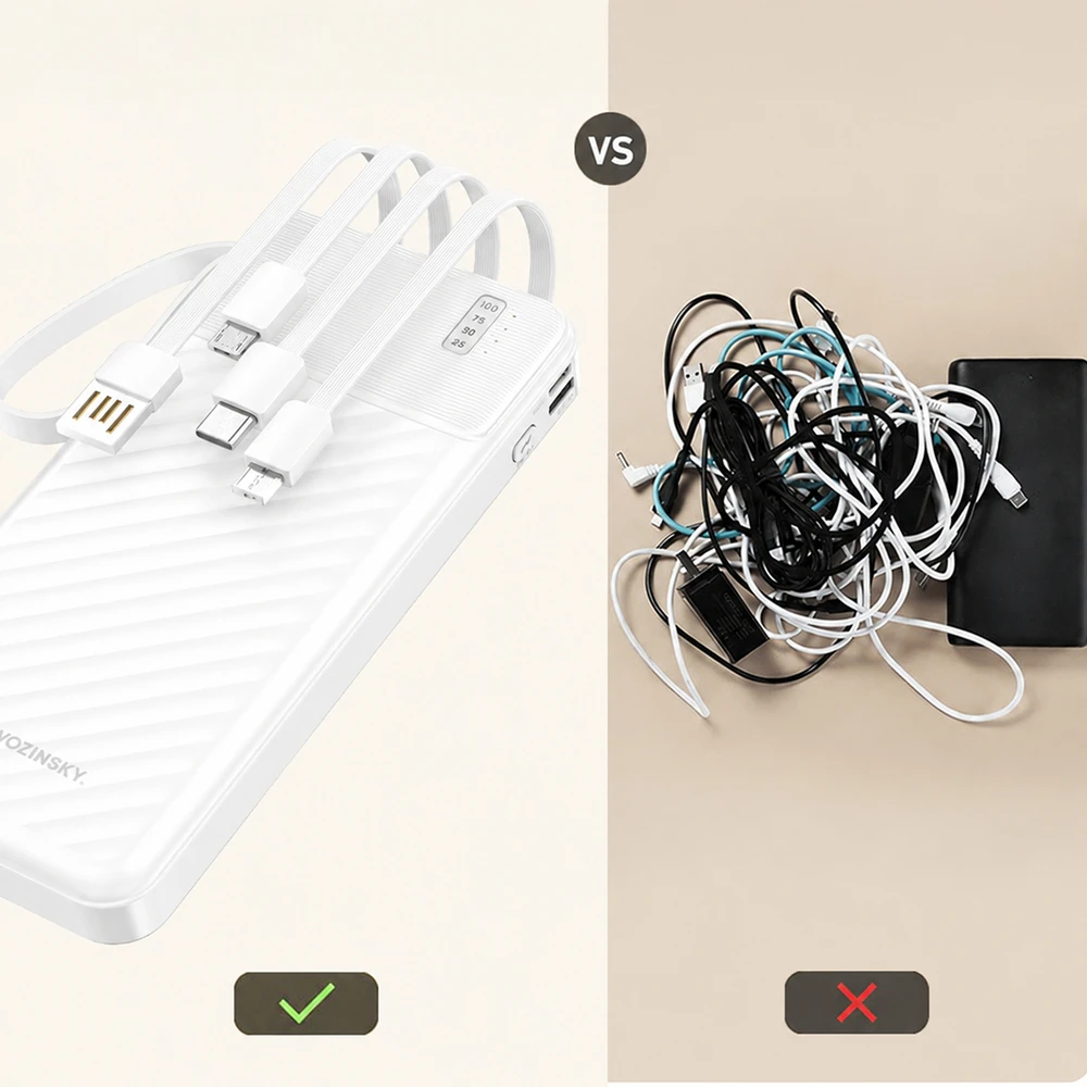 Wozinsky W11-W 10000mAh 10W išorinė baterija su įmontuotais laidais ir žibintuvėliu - Baltas