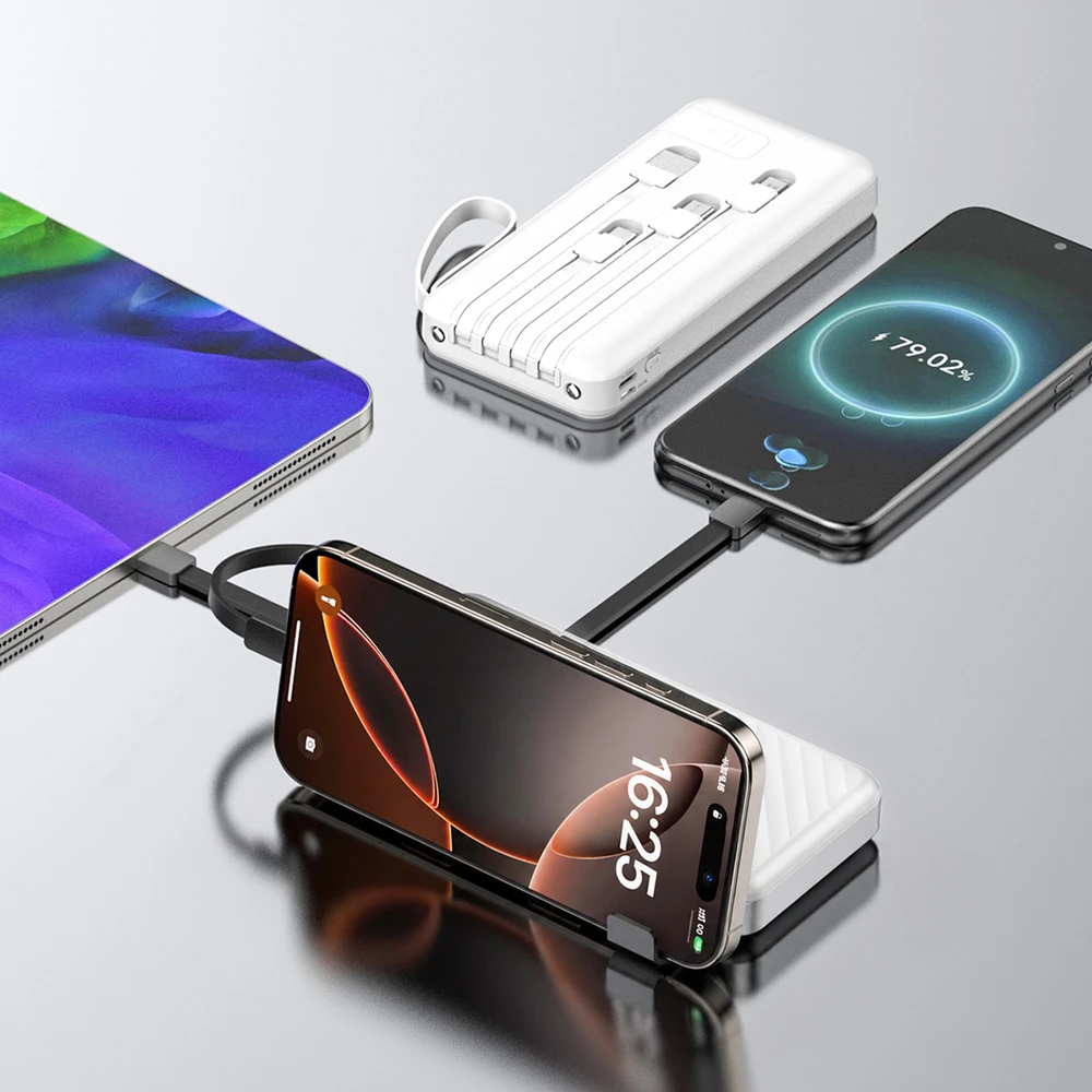 Wozinsky W11-W 10000mAh 10W išorinė baterija su įmontuotais laidais ir žibintuvėliu - Baltas