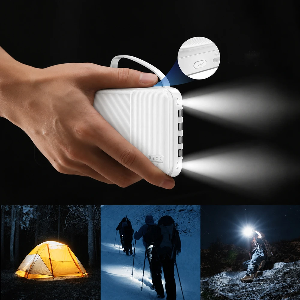 Wozinsky W11-W 10000mAh 10W išorinė baterija su įmontuotais laidais ir žibintuvėliu - Baltas
