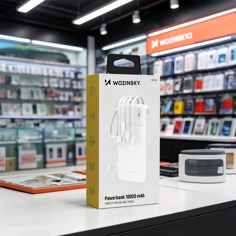 Wozinsky W11-W 10000mAh 10W išorinė baterija su įmontuotais laidais ir žibintuvėliu - Baltas