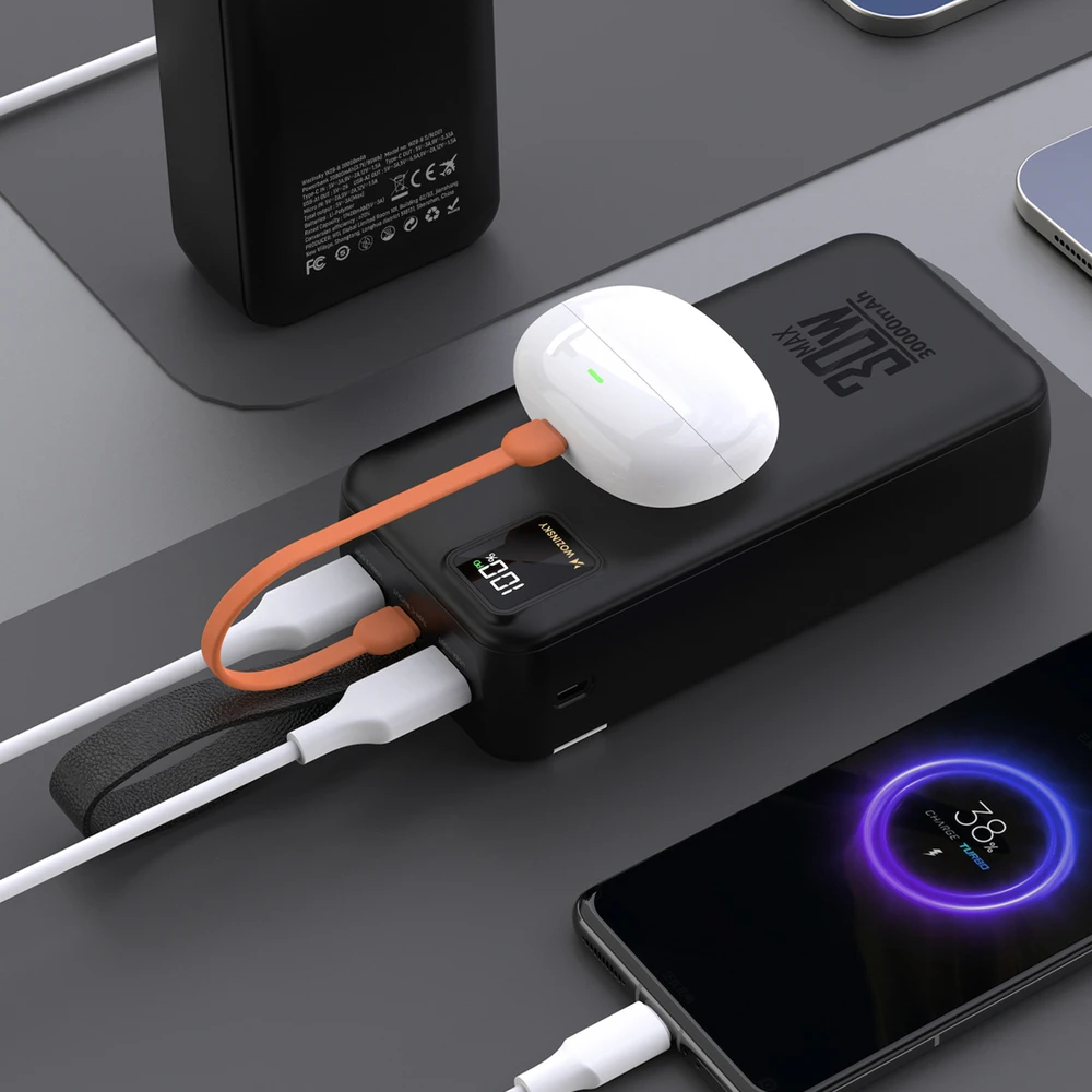 Wozinsky W8-W 30000 mAh 30W Powerbank 2x USB-A and USB-C with Flashlight - Juodas