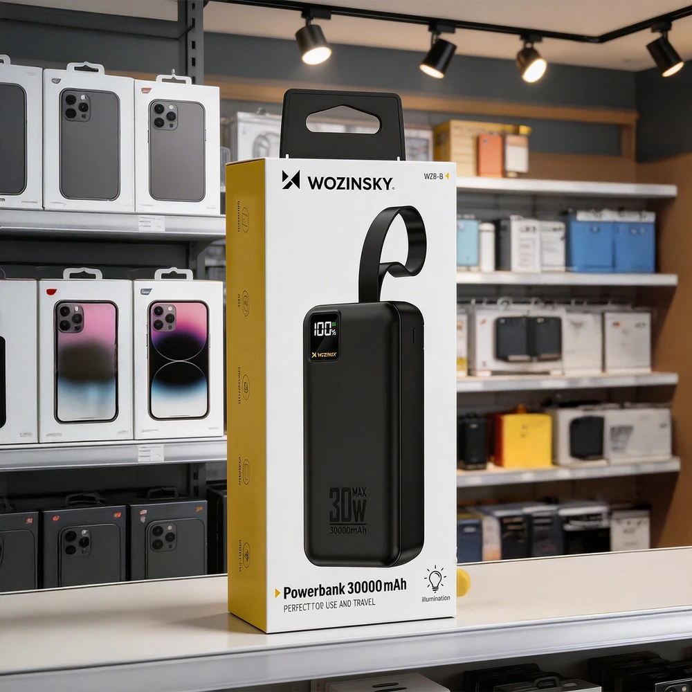 Wozinsky W8-W 30000 mAh 30W Powerbank 2x USB-A and USB-C with Flashlight - Juodas