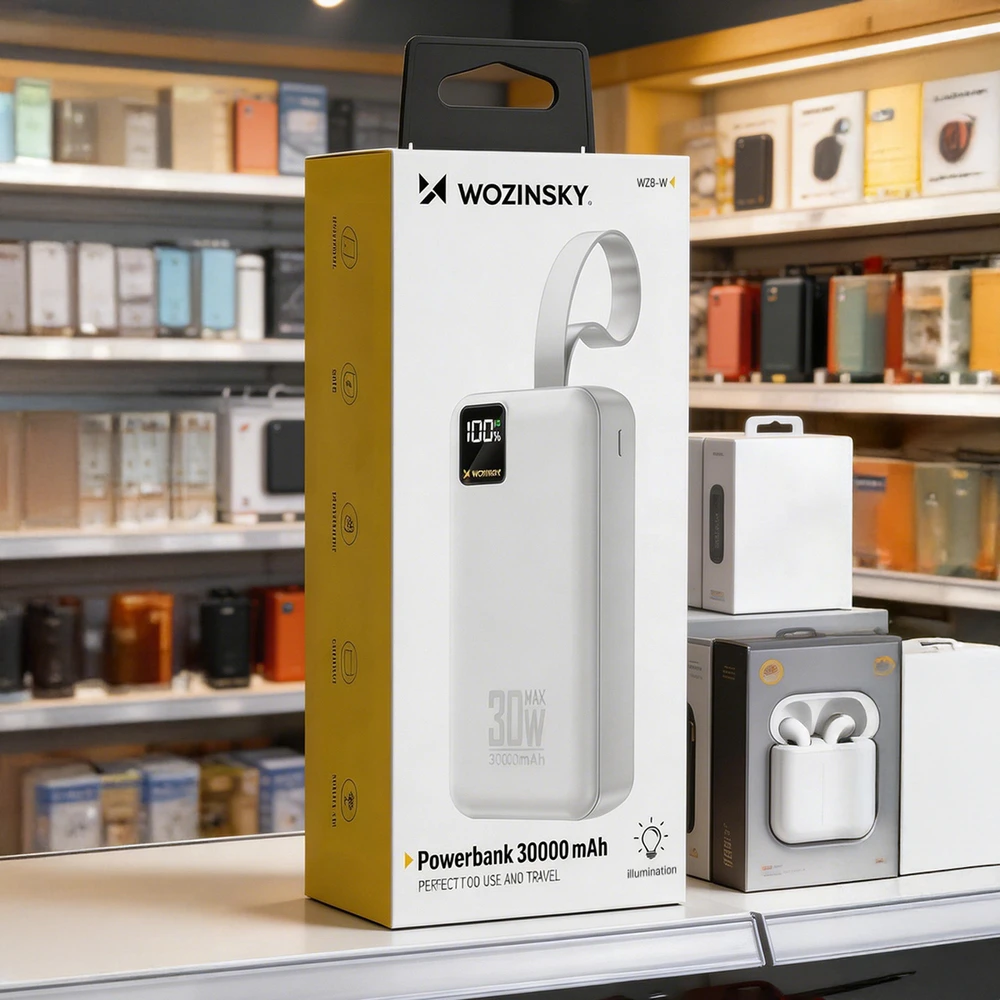 Wozinsky W8-W 30000mAh 30W Powerbank 2x USB-A and USB-C with Flashlight - Baltas