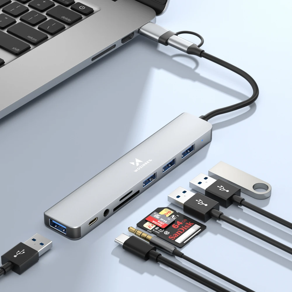Wozinsky WAH-81 8-in-1 USB Hub with USB 3.0 SD Card Reader and Audio Output - Gray