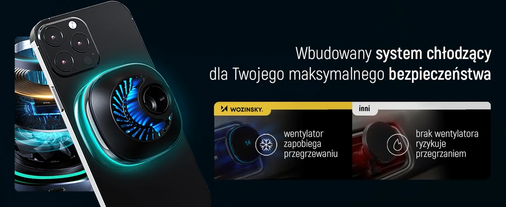 Wozinsky WCT5-Q6S2Y automobilinis telefono laikiklis su Qi/MagSafe 15W Inductive Charger for Ventilation Grilis with Fan – juodos spalvos
