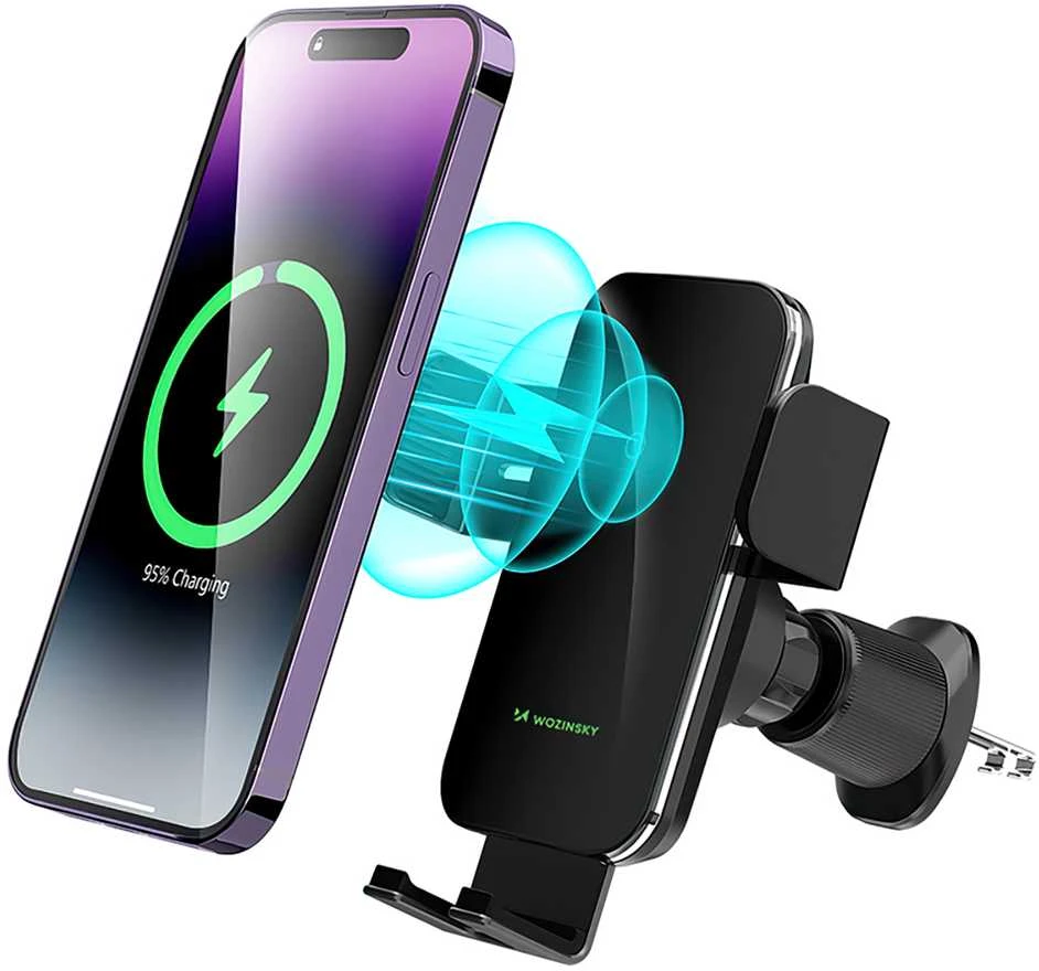Wozinsky WEDZ-3Y8S clamp automobilinis telefono laikiklis su 15W inductive charger for phone on the air vent – juodos spalvos
