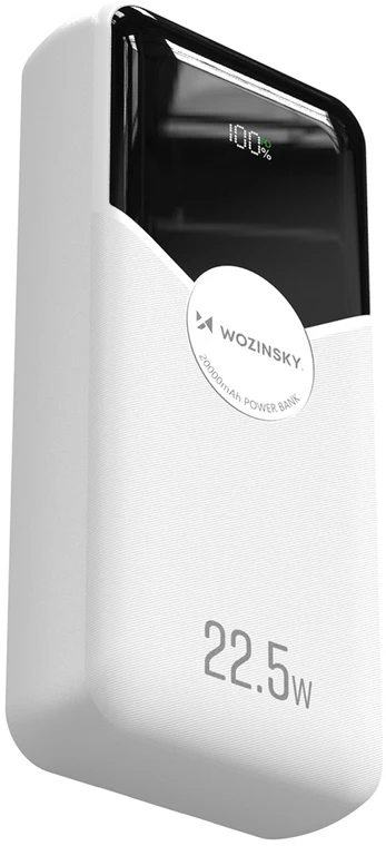 Wozinsky WFC-15W 20000mAh 22.5W PD20W išorinė baterija su integruotais „Lightning“ ir USB-C laidais – balta