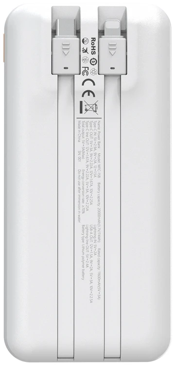Wozinsky WFC-15W 20000mAh 22.5W PD20W išorinė baterija su integruotais „Lightning“ ir USB-C laidais – balta