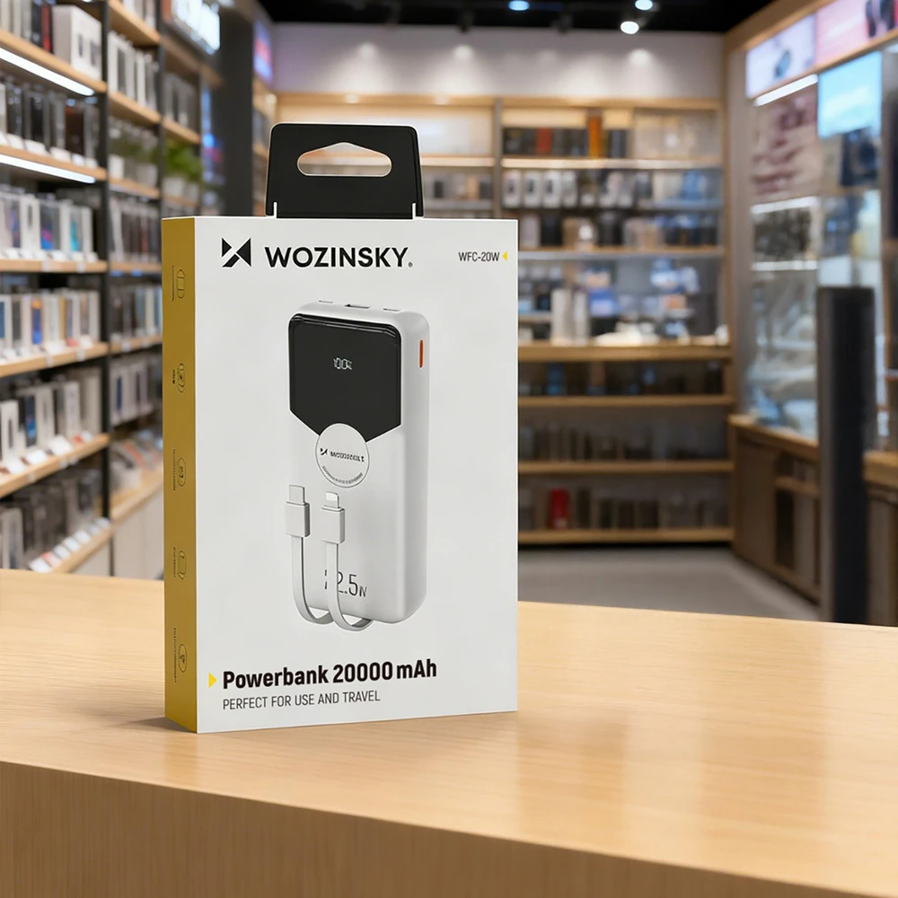 Wozinsky WFC-15W 20000mAh 22.5W PD20W išorinė baterija su integruotais „Lightning“ ir USB-C laidais – balta
