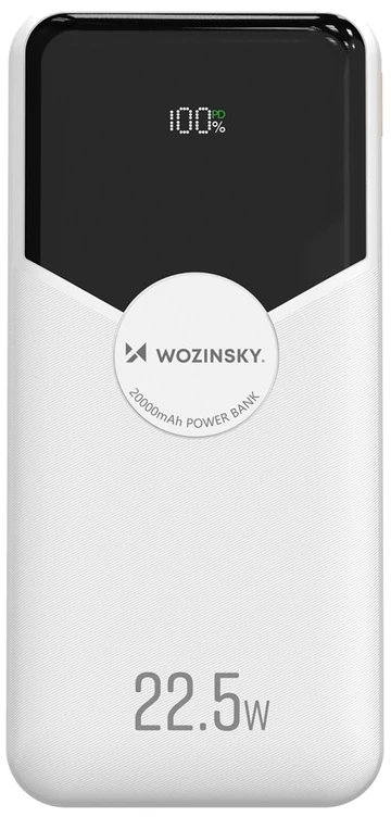 Wozinsky WFC-15W 20000mAh 22.5W PD20W išorinė baterija su integruotais „Lightning“ ir USB-C laidais – balta