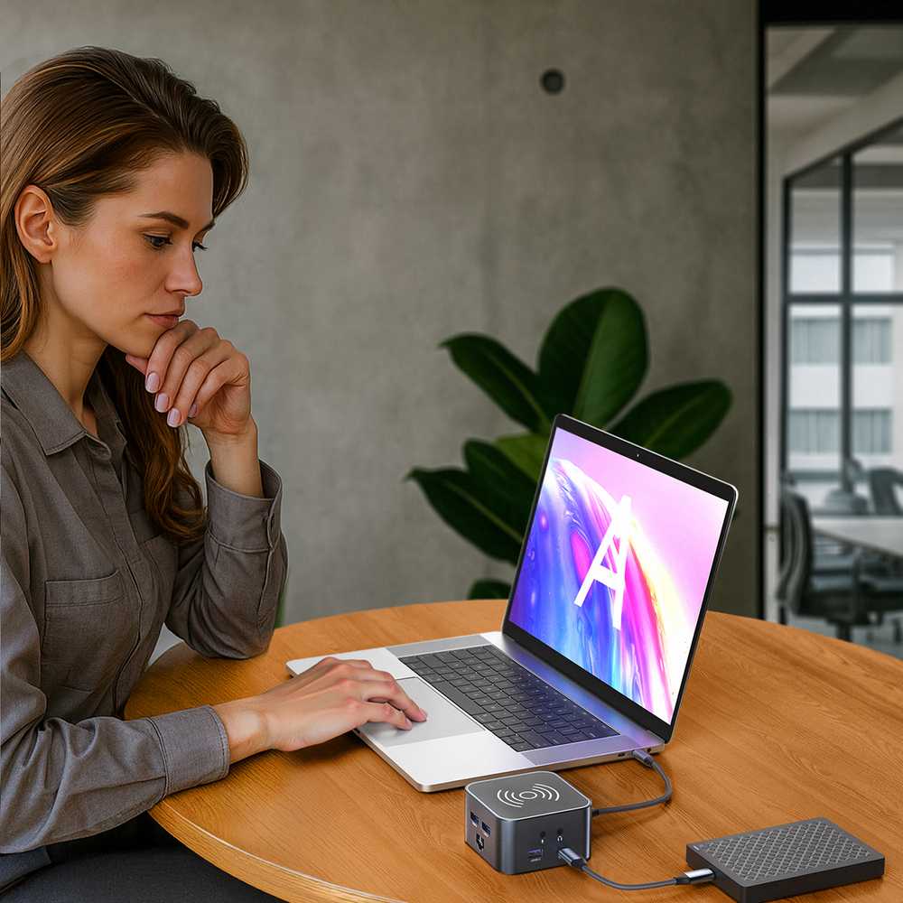 USB-C šakotuvas 12 in 1 Wozinsky WHBC09Y8S daugiafunkcis, su belaidžio įkrovimo funkcija, aliuminis, su 15 cm laidu - pilka