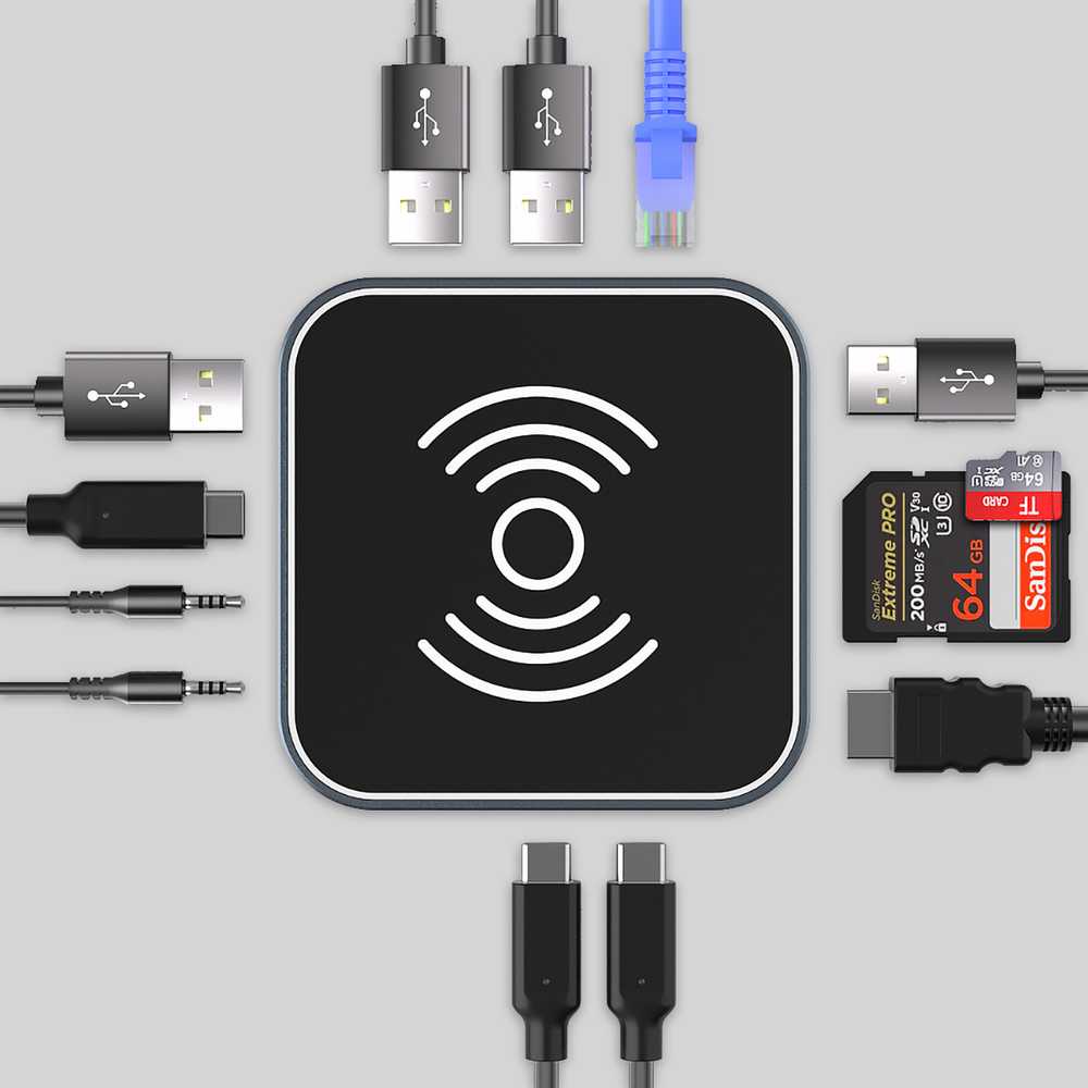 USB-C šakotuvas 12 in 1 Wozinsky WHBC09Y8S daugiafunkcis, su belaidžio įkrovimo funkcija, aliuminis, su 15 cm laidu - pilka