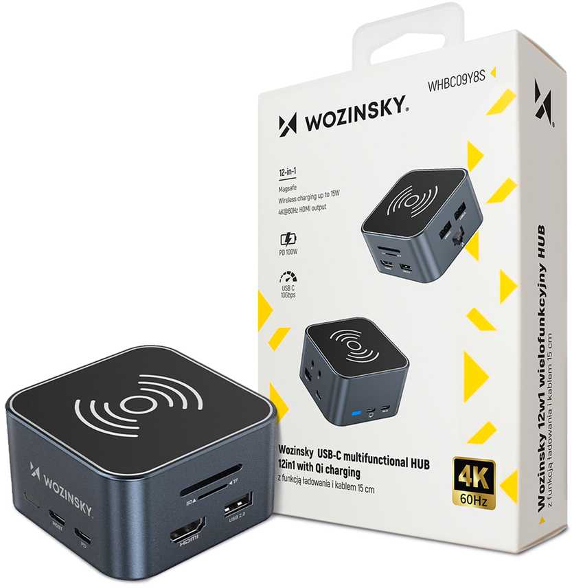 Hub USB-C 12 in 1 Wozinsky WHBC09Y8S multifunctional, with wireless charging function, aluminum, with 15 cm cable – pilkos spalvos