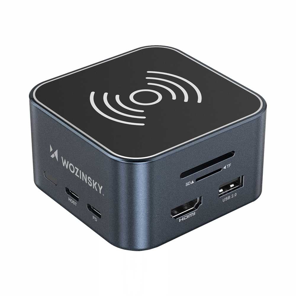 Hub USB-C 12 in 1 Wozinsky WHBC09Y8S multifunctional, with wireless charging function, aluminum, with 15 cm cable – pilkos spalvos