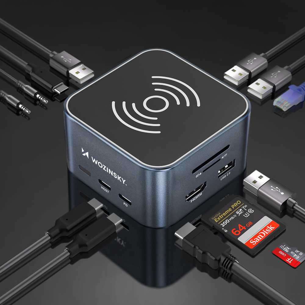 USB-C šakotuvas 12 in 1 Wozinsky WHBC09Y8S daugiafunkcis, su belaidžio įkrovimo funkcija, aliuminis, su 15 cm laidu - pilka