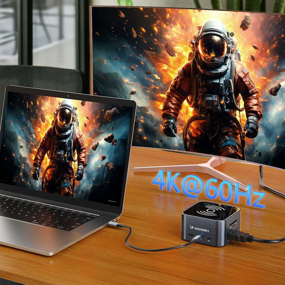 USB-C šakotuvas 12 in 1 Wozinsky WHBC09Y8S daugiafunkcis, su belaidžio įkrovimo funkcija, aliuminis, su 15 cm laidu - pilka