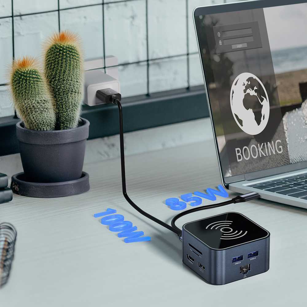 USB-C šakotuvas 12 in 1 Wozinsky WHBC09Y8S daugiafunkcis, su belaidžio įkrovimo funkcija, aliuminis, su 15 cm laidu - pilka