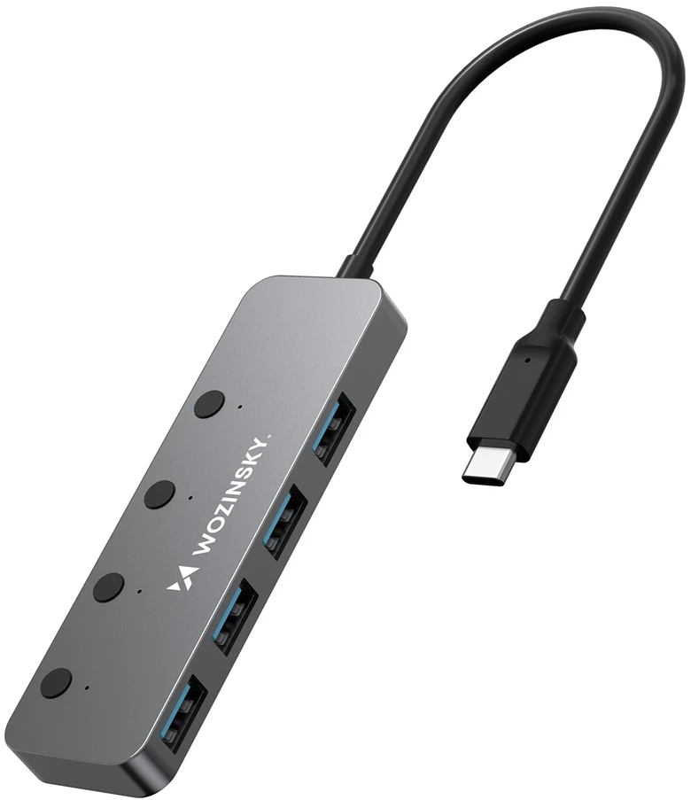Wozinsky WHS080YSS 4 x USB-A 3.0 Aluminum Hub with Individual Switches and 15 cm USB-C Cable - Gray
